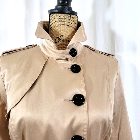 Twenty One Satin Khaki Short Peplum Trench Coat M - Picture 7 of 16